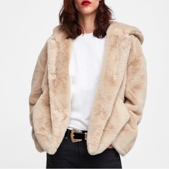 Zara Jackets & Blazers - LIKE NEW ZARA Faux Fur Teddy Jacket Coat Hooded Beige Tan Brown Soft Cozy Bomber
